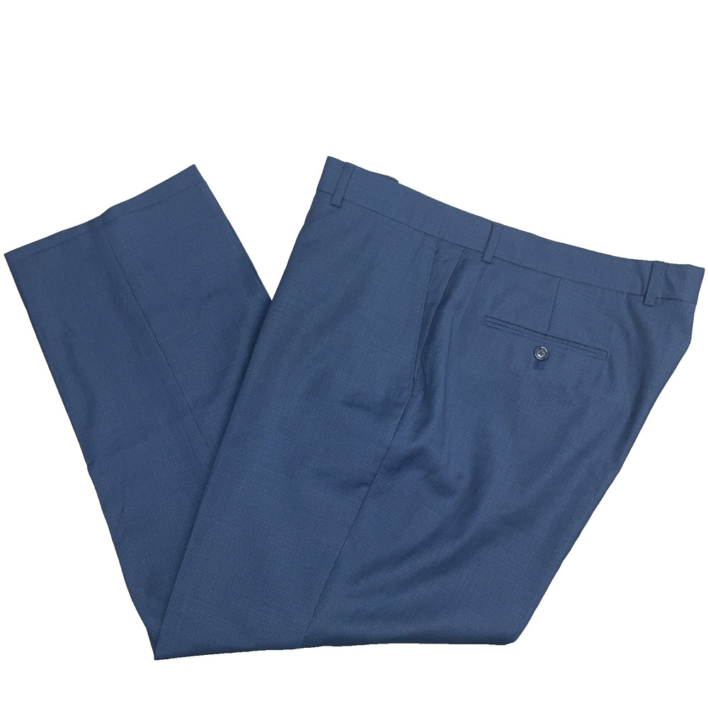 Jos A Bank Executive Mens 38x28 Blue Micro Check Dress Pant 100% Wool Flat Front